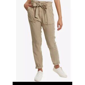 Pam & Gela Paperbag Pants Tan Neutral Tie Waist Small Zipper Ankle Jogger $255